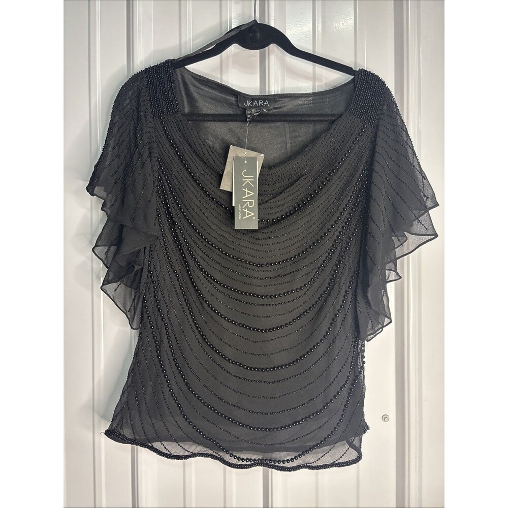 JKARA vtg Black Beaded Flutter Sleeve Blouse Large NWT- Read